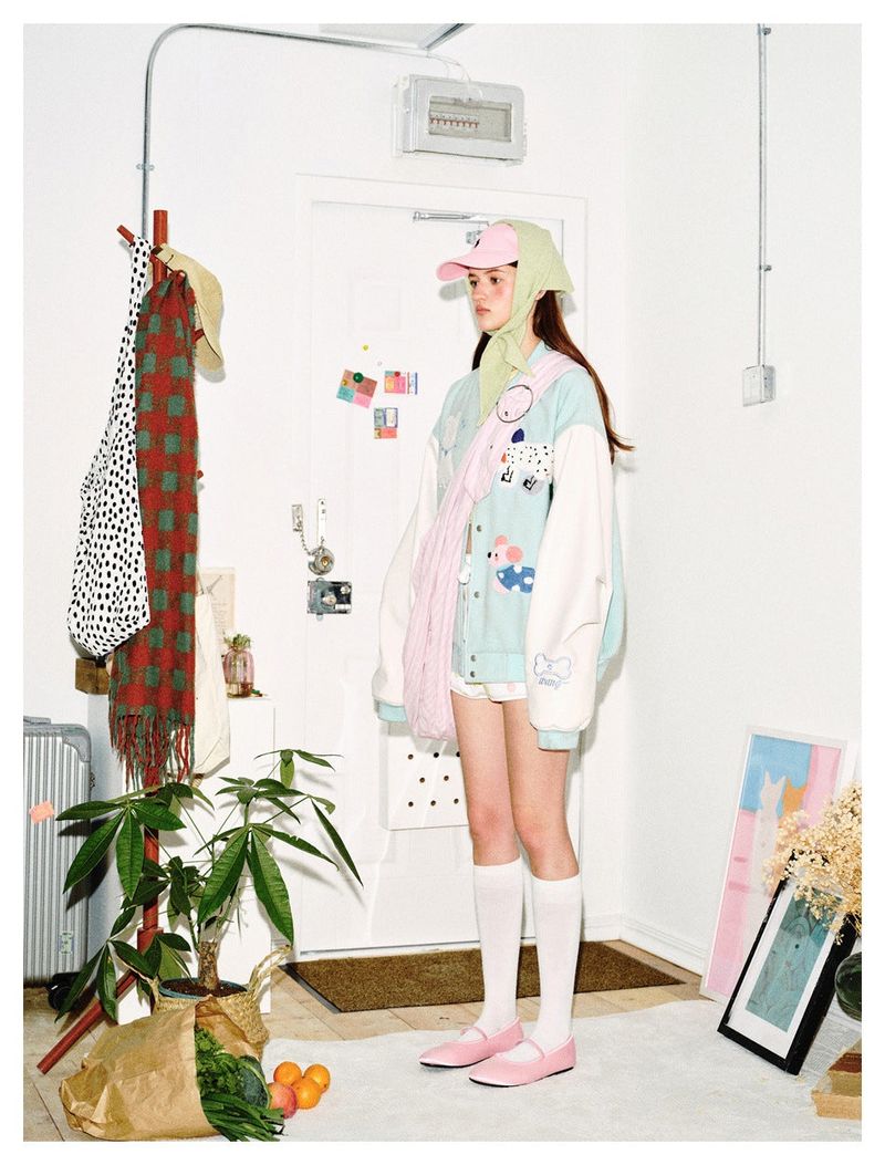 Preppy Accent Mint Cartoon Embroidered Varsity Jacket