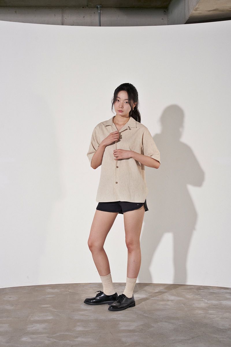 HERRINGBONE LINEN TAILORED 1/2 SHIRT (Oatmeal)