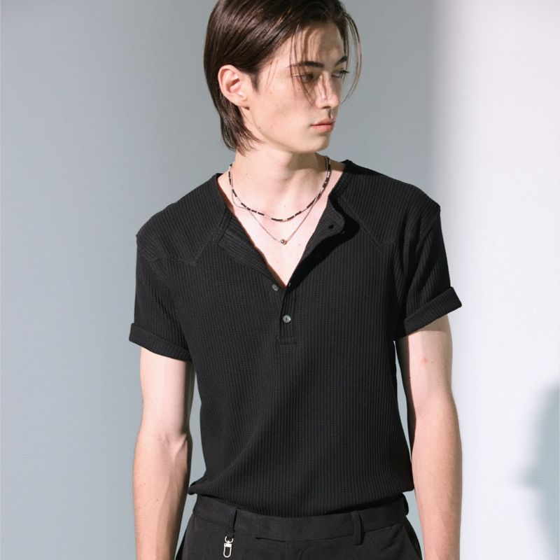S SY(エスエスワイ)の「western yoke waffle henley neck half sleeve black(Tops)」