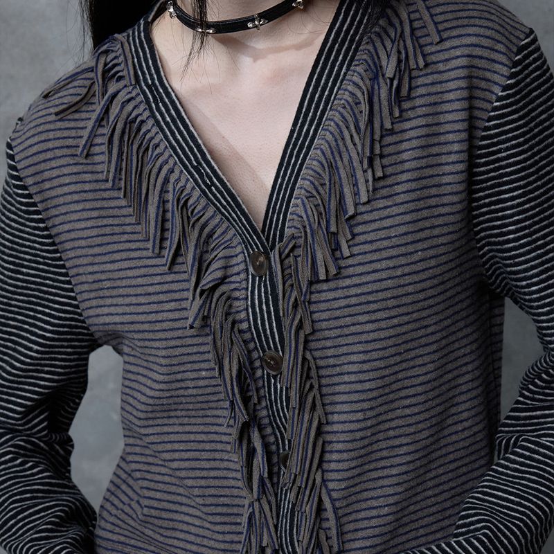 FRINGE STRIPE CARDIGAN: GREY
