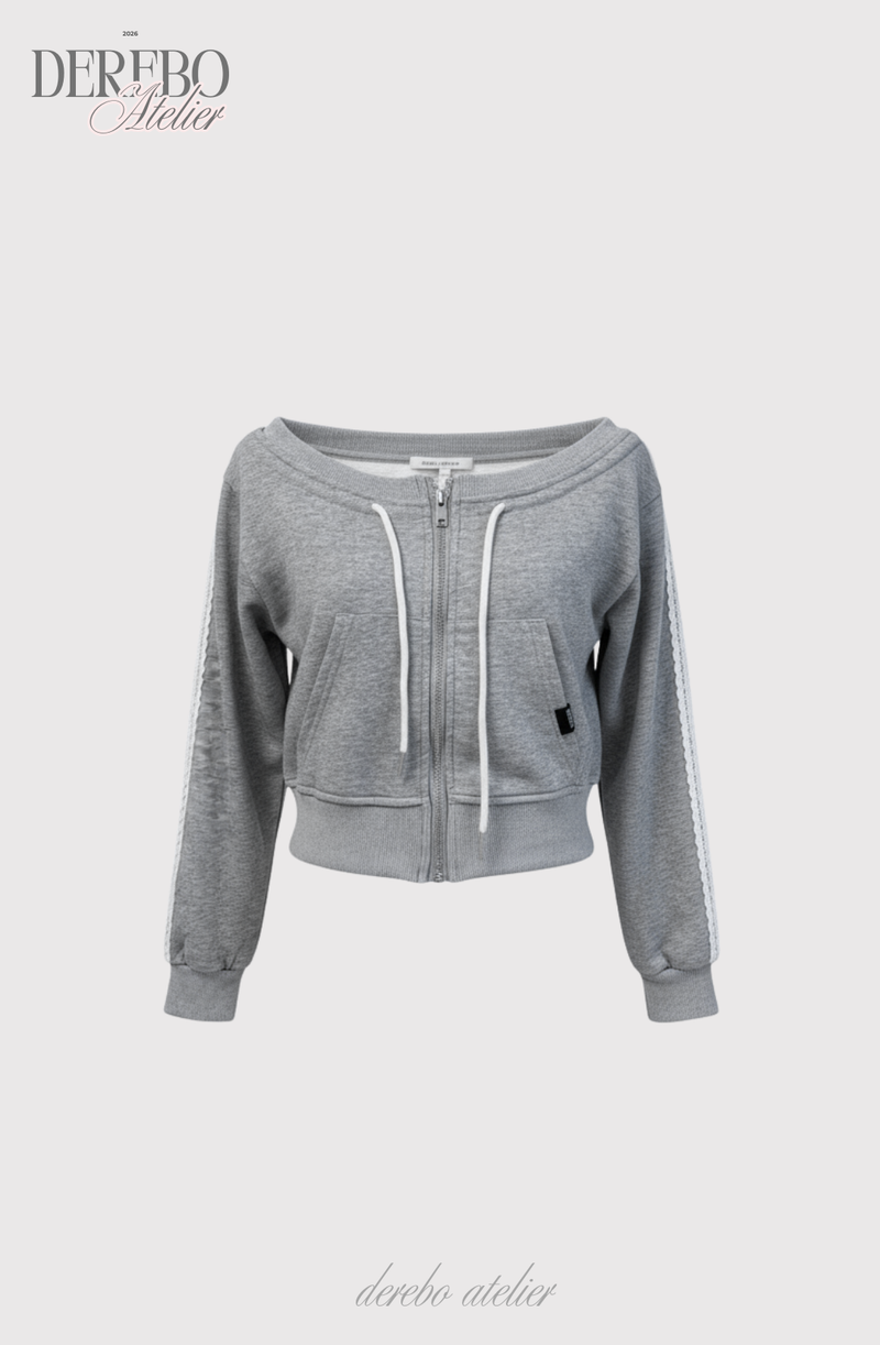 Grey off-shoulder zip-up frill training setup (SET)