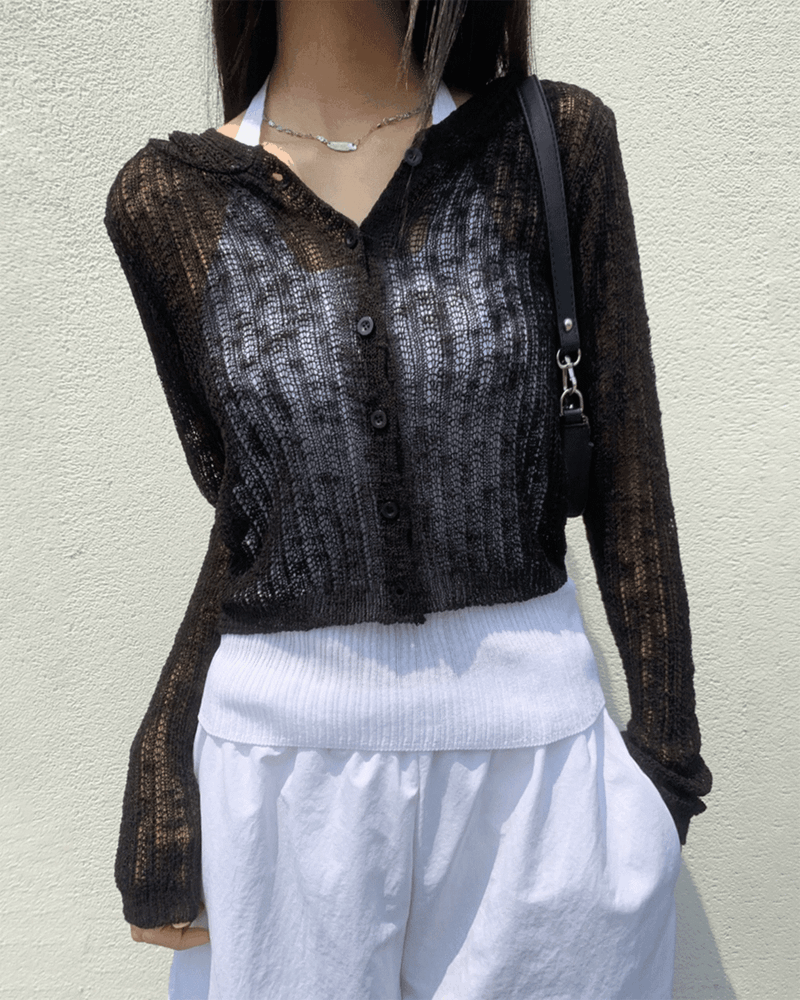 GUSTA（グスタ）の「 Breeze Layer See-through Button Hood Long Sleeve Knit Cardigan (4 colors)（Tops）」