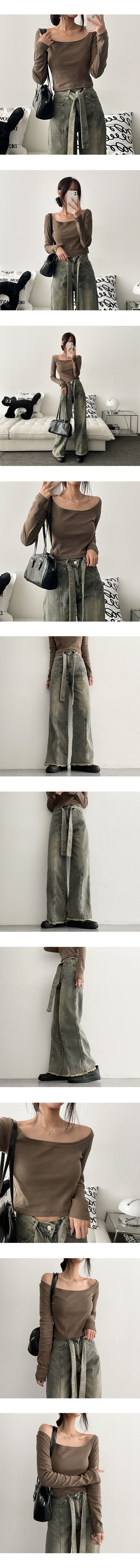 CorWashing Cutting Slit Belt Denim Wide Pants