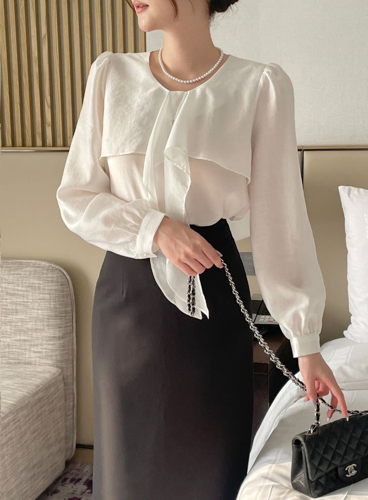Marron Volume Ribbon Puff Blouse