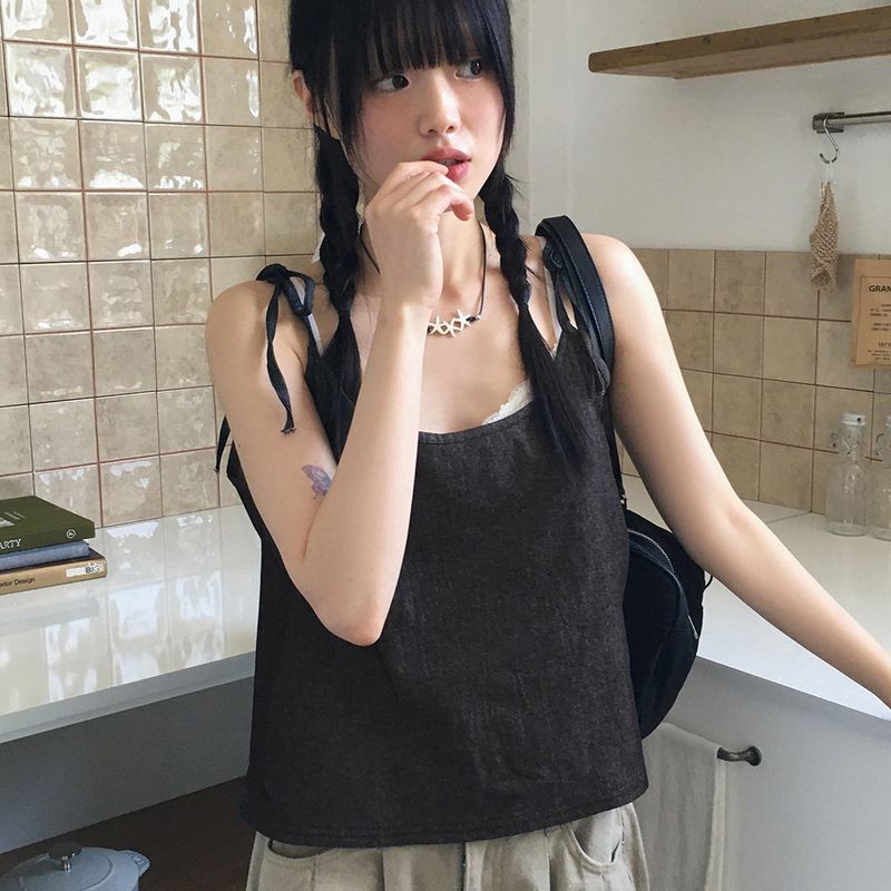 WONDER WONDER(ワンダーワンダー)の「Inper denim ribbon string layered bustier tank top sleeveless(Tops)」