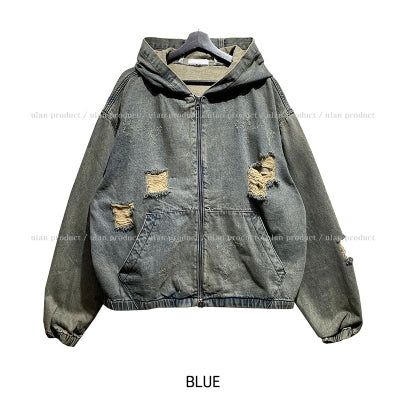 Damage Two Way Denim Hooded Jacket