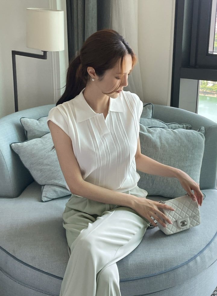 Bico Ribbed Collar Cap Sleeve Knit