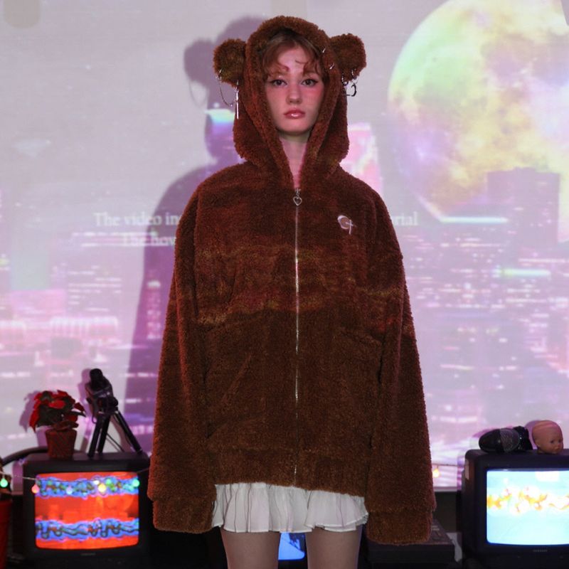 0 1 punk bear fleece jacket - BROWN
