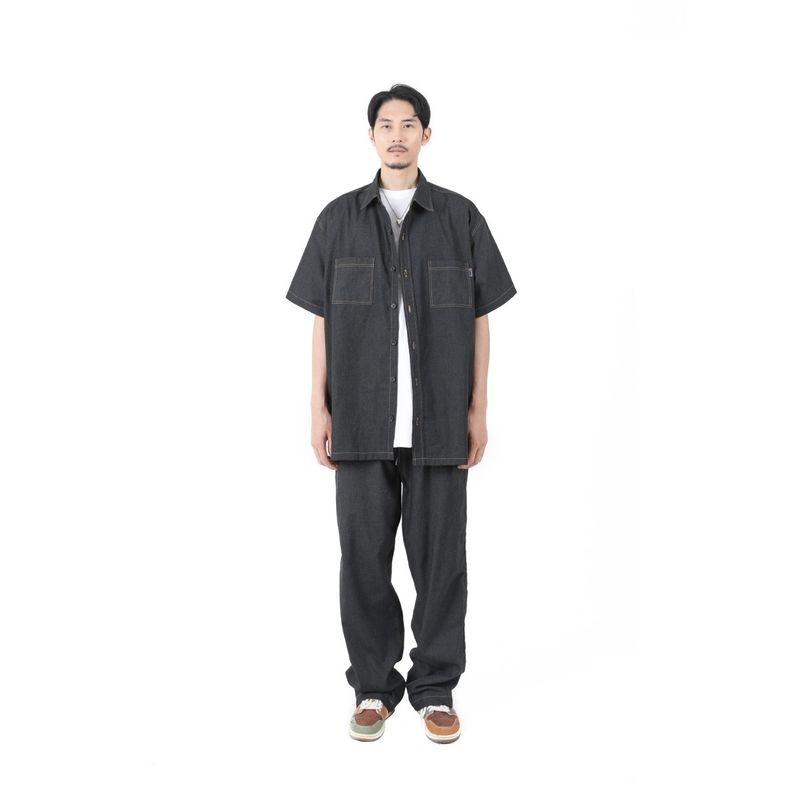 BLACK FAKE DENIM BANDING WIDE PANTS