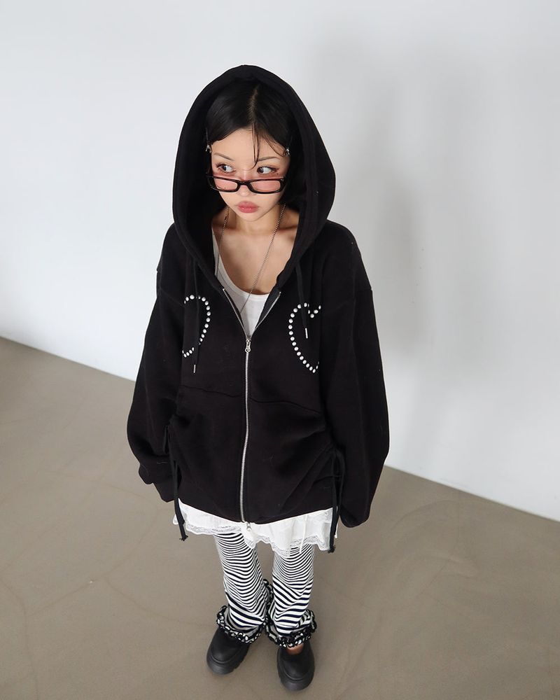 Wool napping heart wrinkle shirring hooded zip-up