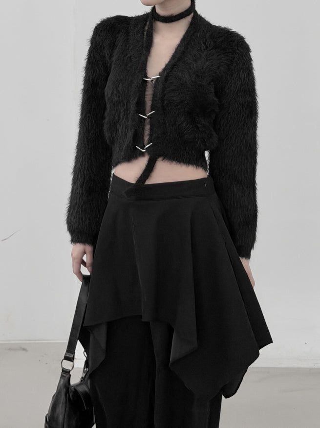 Linked Metal Ring Scarf Fur Cardigan