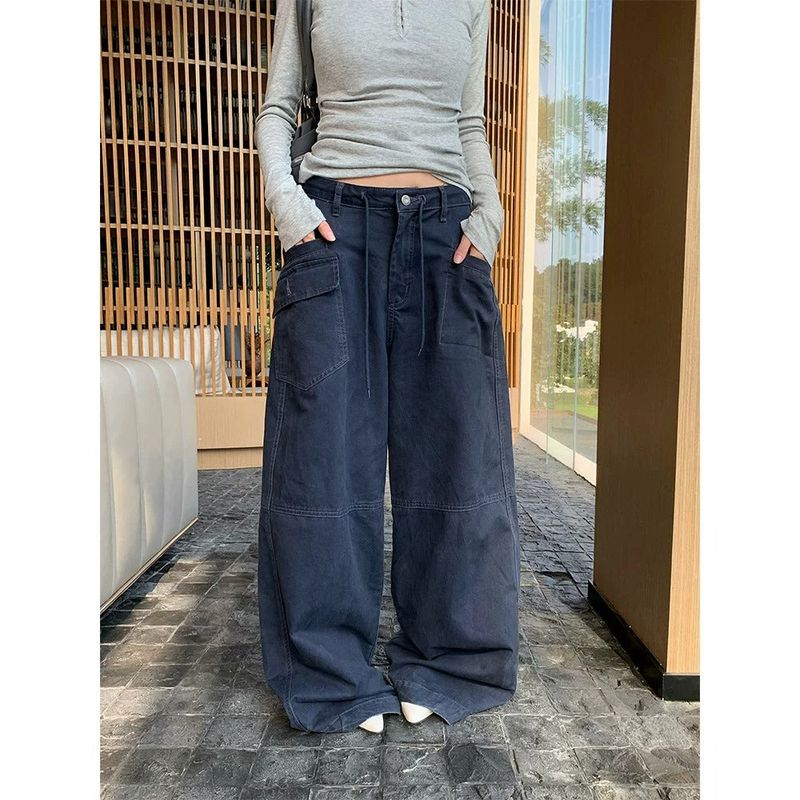 Khaki Cargo Wide Leg Straight Pants