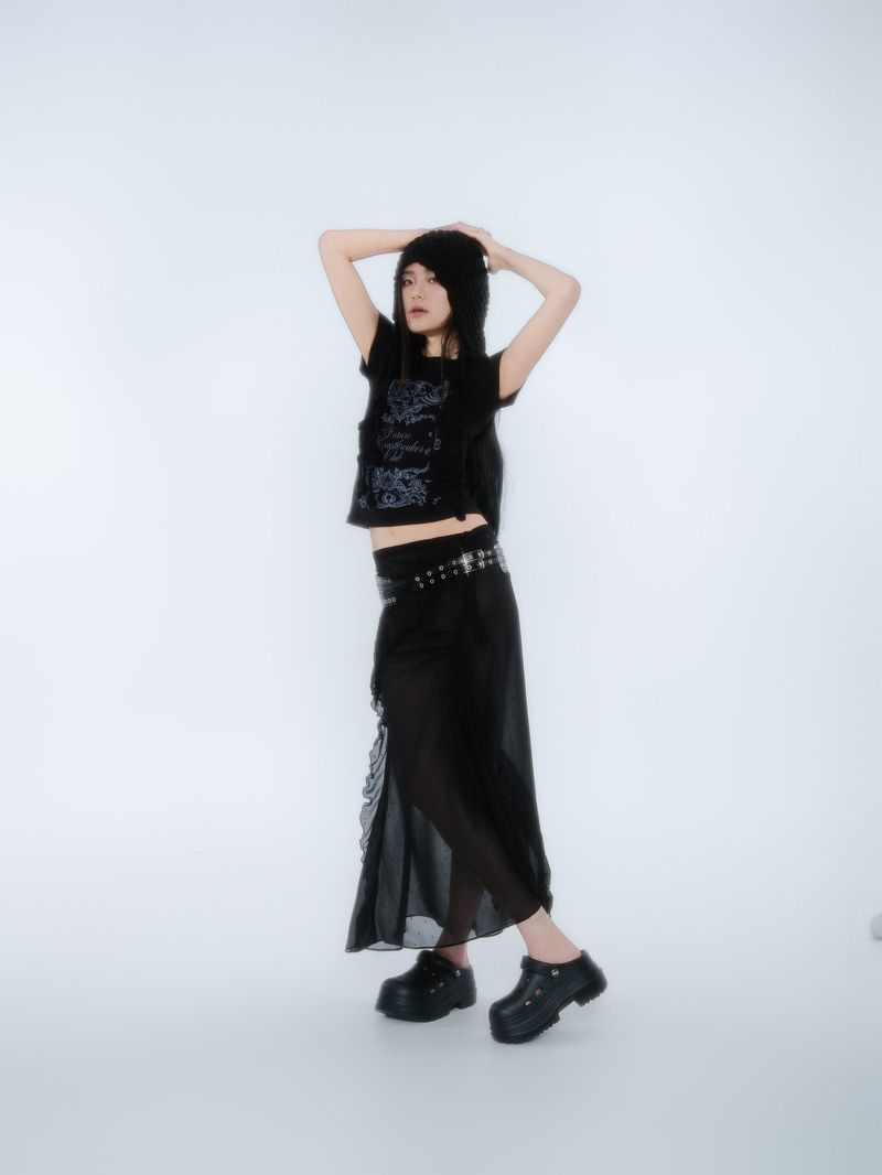 SILHOUETTE RUFFLE MAXI SKIRT [BLACK]