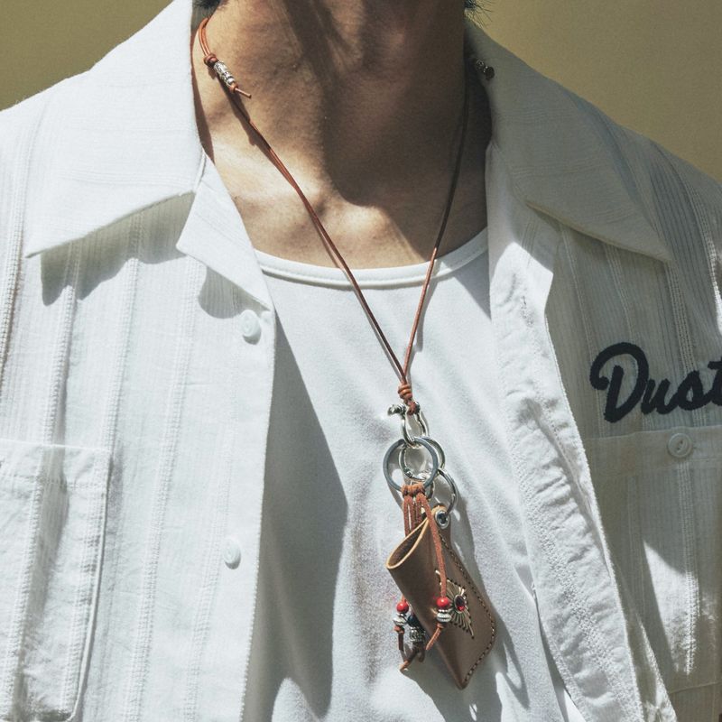 turquoise leather cord beads necklace & lighter case brown