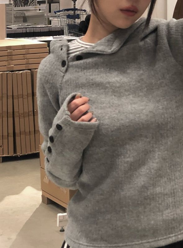 [Fleece/Sleeves Button] Rambo Brushed High Neck Ribbed Button Hood Knit
