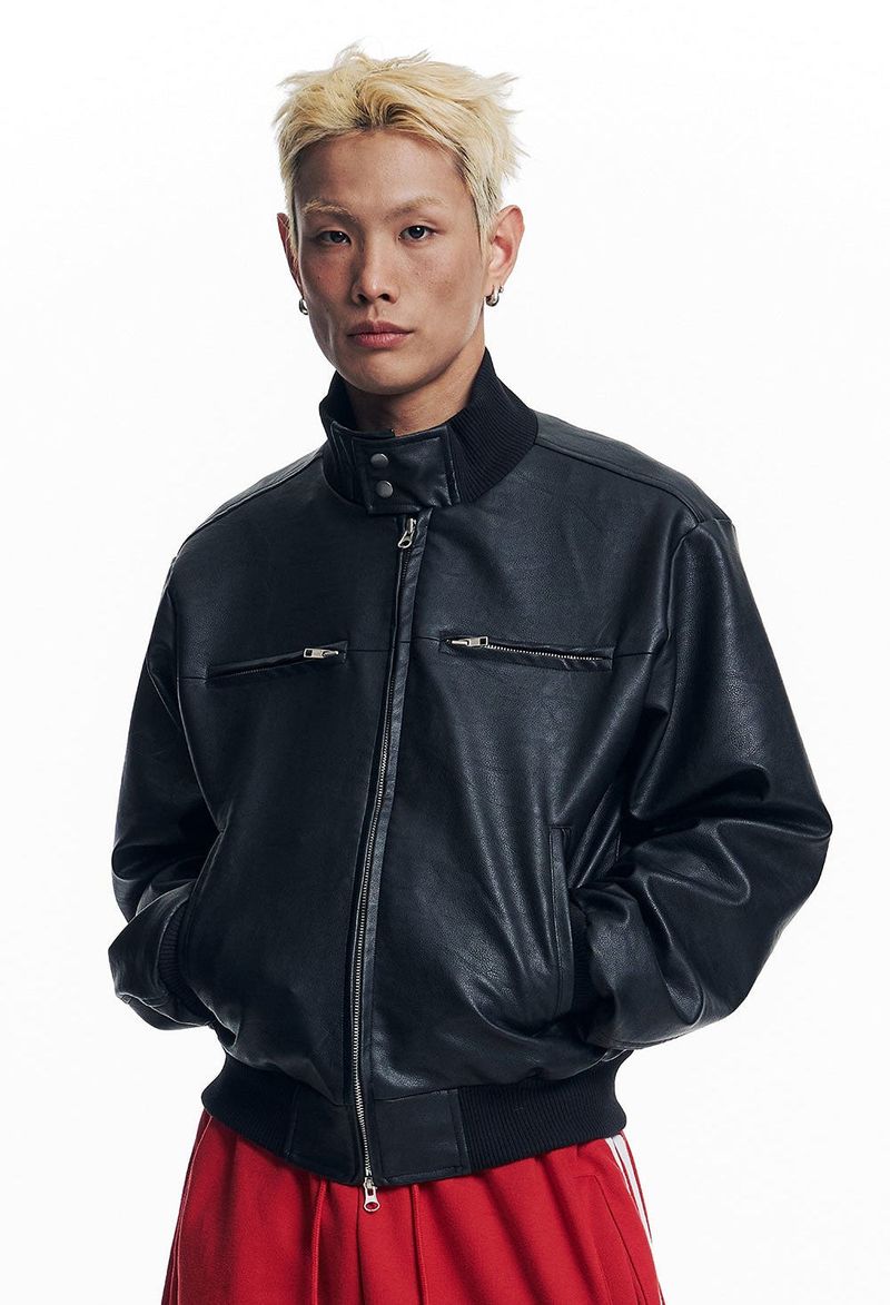 High Neck Leather Crop Jacket - Black