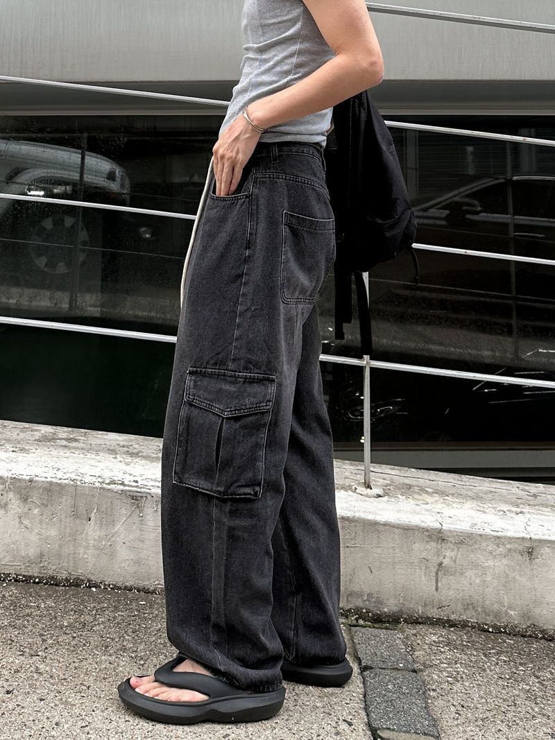 String Wide Cargo Denim PT