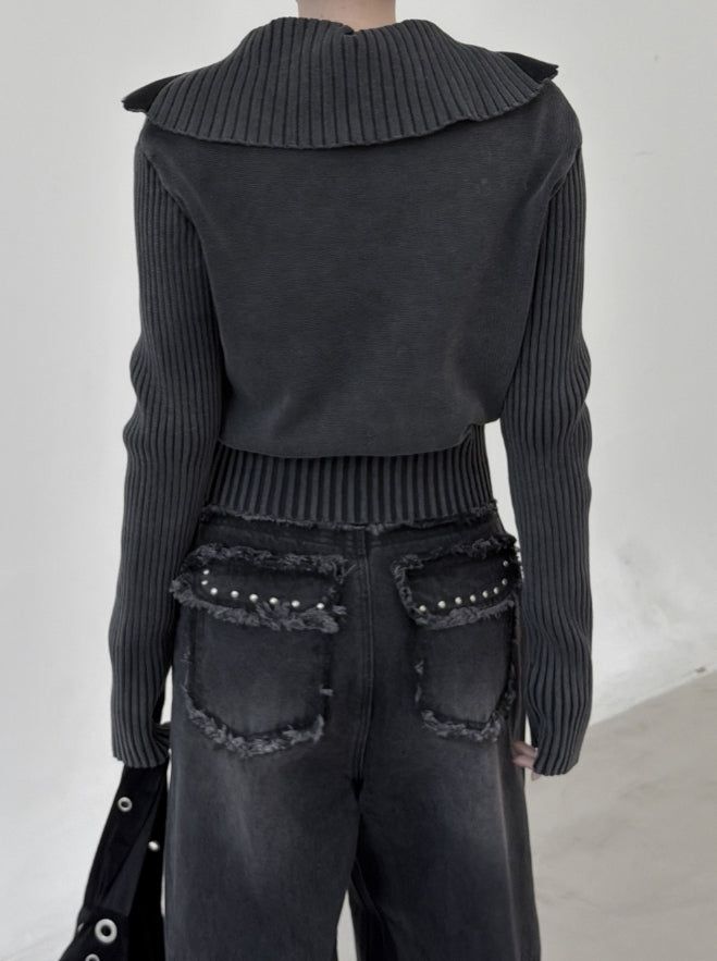 Hard high-neck washed knit zip-up