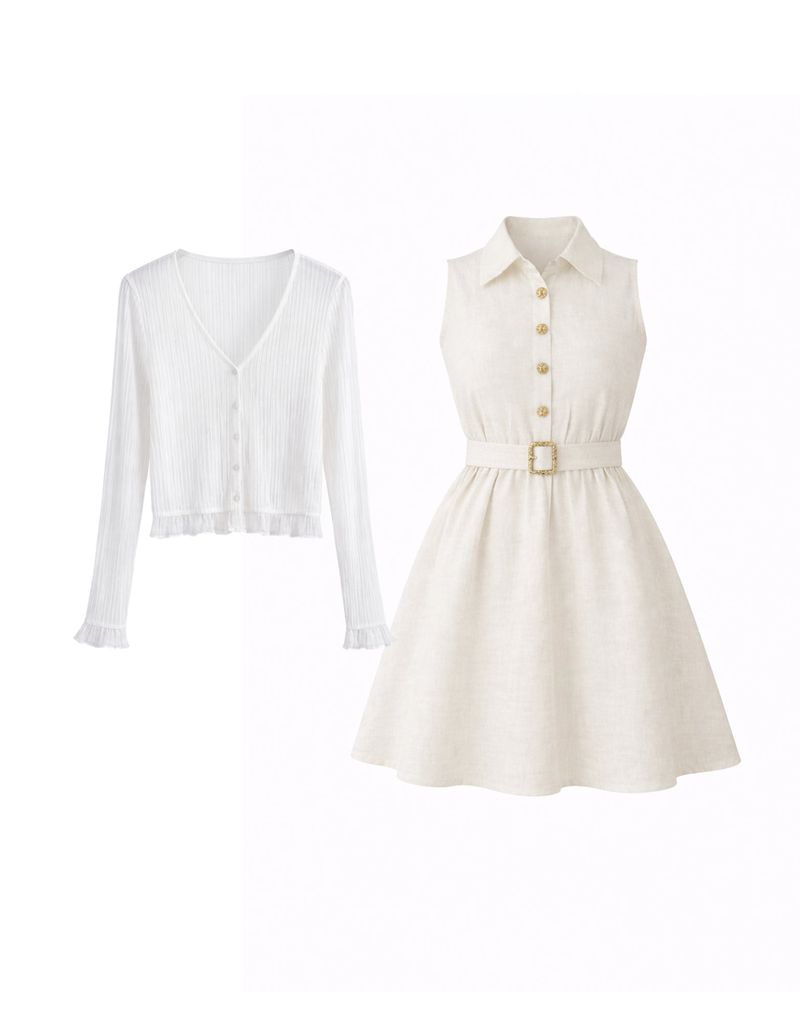 Haren Linen Collar Button Belt Flare Dress Ivory Short VER