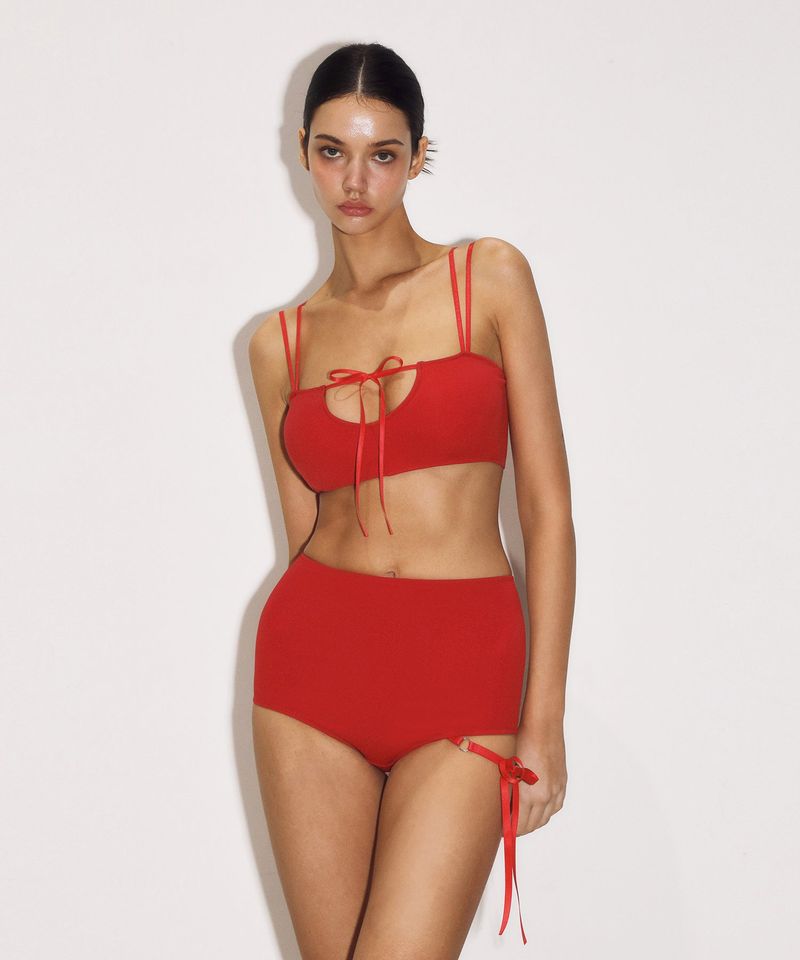 One-side ribbon high bikini panties (Red)