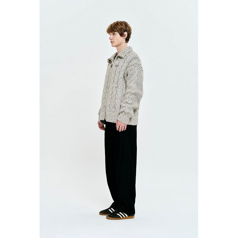 UNI LOGO WAPPEN CABLE COLLAR KNIT ZIP UP [LIGHT GRAY]