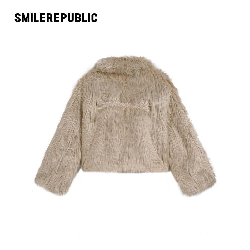 Women's Acrylic Blend Faux Fur Cropped Zip Jacket with Embroidered Back Logo, Casual Winter Outerwear