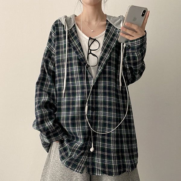 Perin Boxy Hooded Checkered Shirt