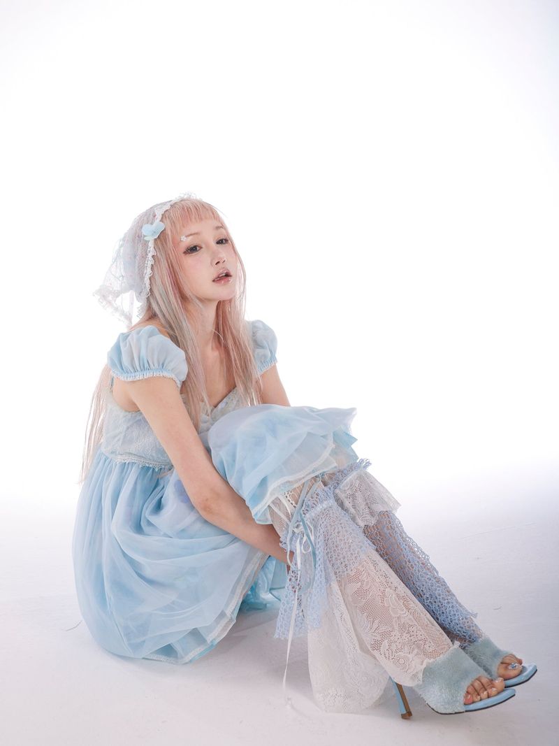 Rose Island Jellyfish Series Moonlight Girl Patchwork Lace Mesh Dress with Built-in Puffy Skirt