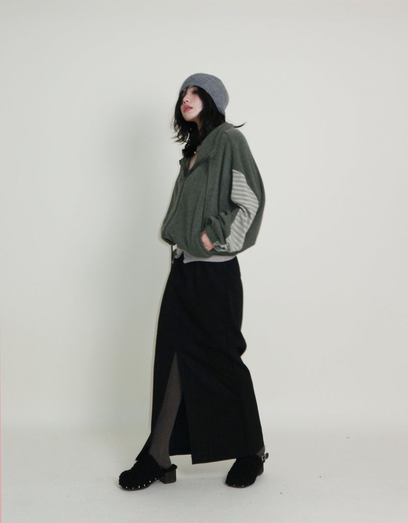 Hakata Stripe Coloring String Knitwear Zip-Up