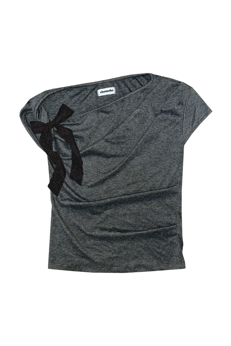 DRAPED TWIST RIBBON T-SHIRT (CHARCOAL)