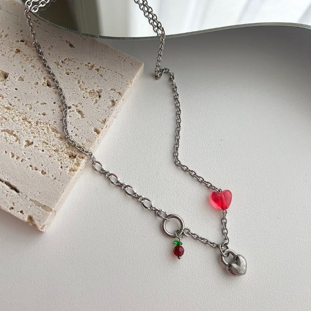 chi Kitchee Cherry Beads Heart Lock Handmade Necklace
