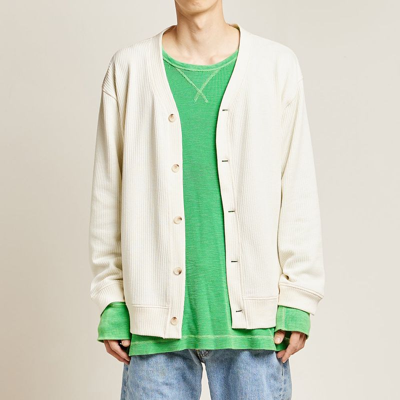 DAMP V-NECK WAFFLE CARDIGAN_IVORY