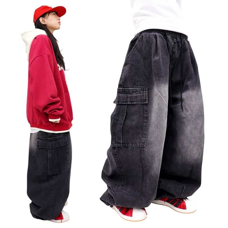 Vintage-Washed Denim Cargo Balloon Pants