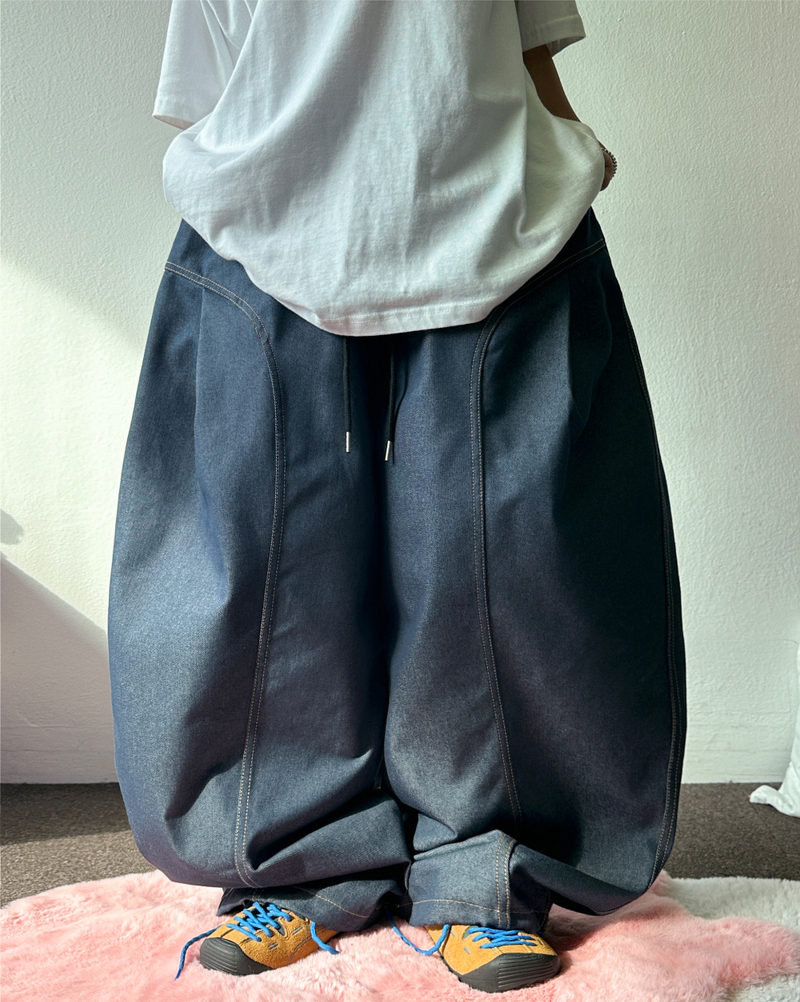 FORMAL CAVE FRONT PLEAT DENIM STRING BALLOON PANTS 💙🩶🖤 - 3 COLORS