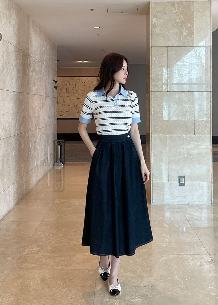 Monta Color Matching Collar Stripe Cable Knit