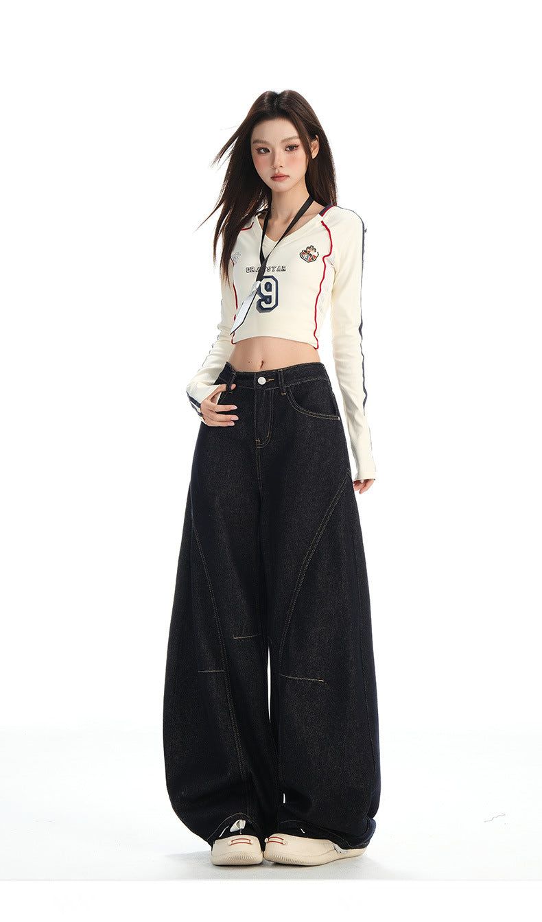 Navy-cut High-waist Mixed Denim Pants