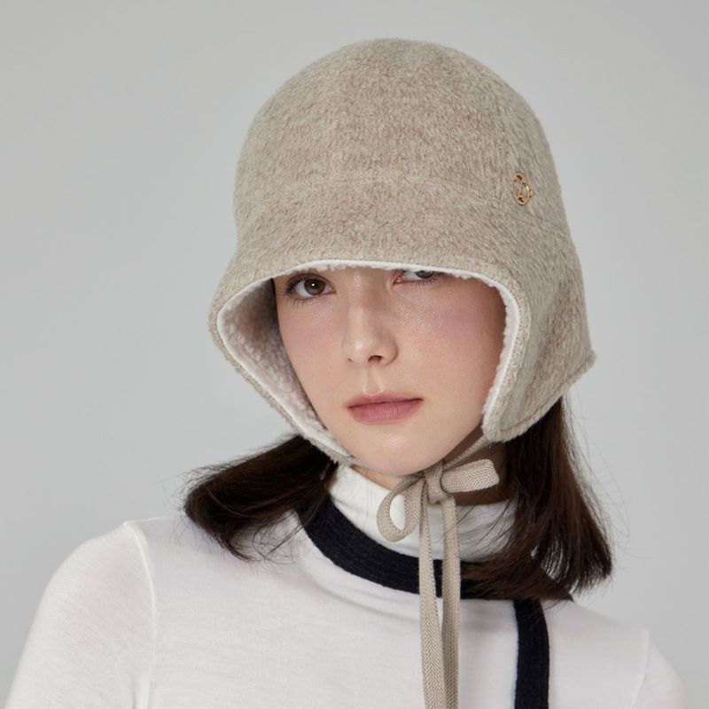 VA Curved Circle Logo Flap Bonnet Hat / Oatmeal