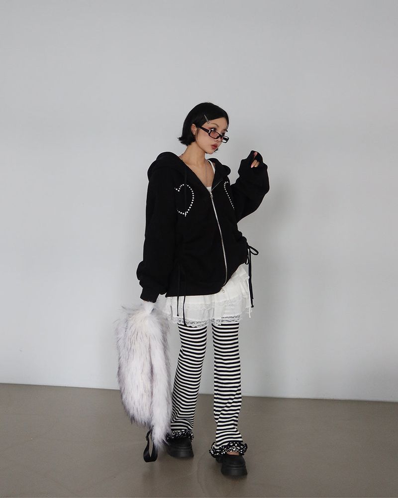 Wool napping heart wrinkle shirring hooded zip-up