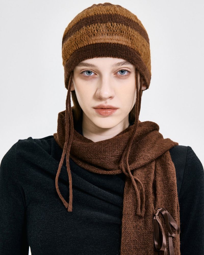  Ribbon Tied Beanie _ BROWN