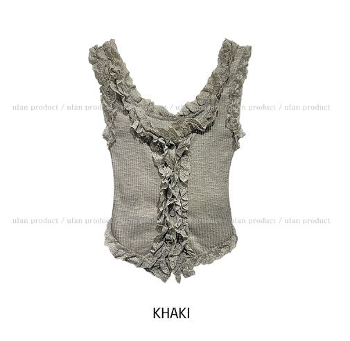Rieti lace diagonal button crop sleeveless