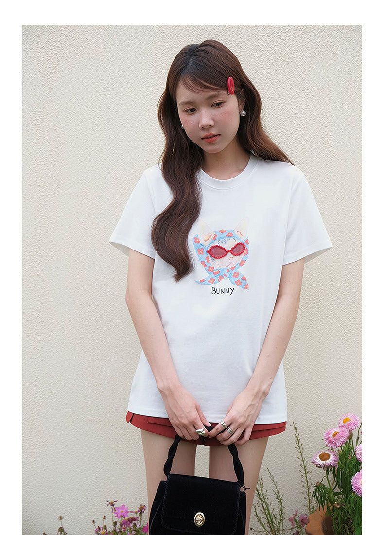 Beaded Glasses Graphic Crew Neck T-Shirt