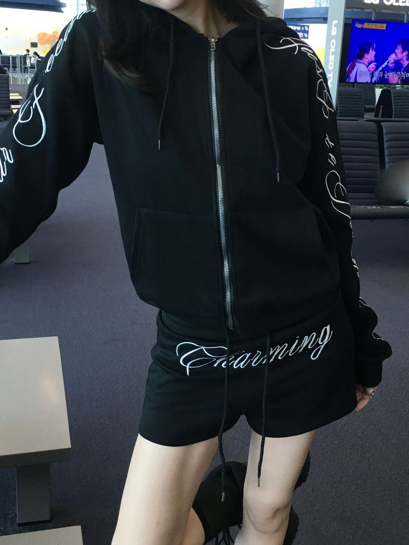 [SET] Script Lettering Hoodie Zip-up and Short Pants (3c)