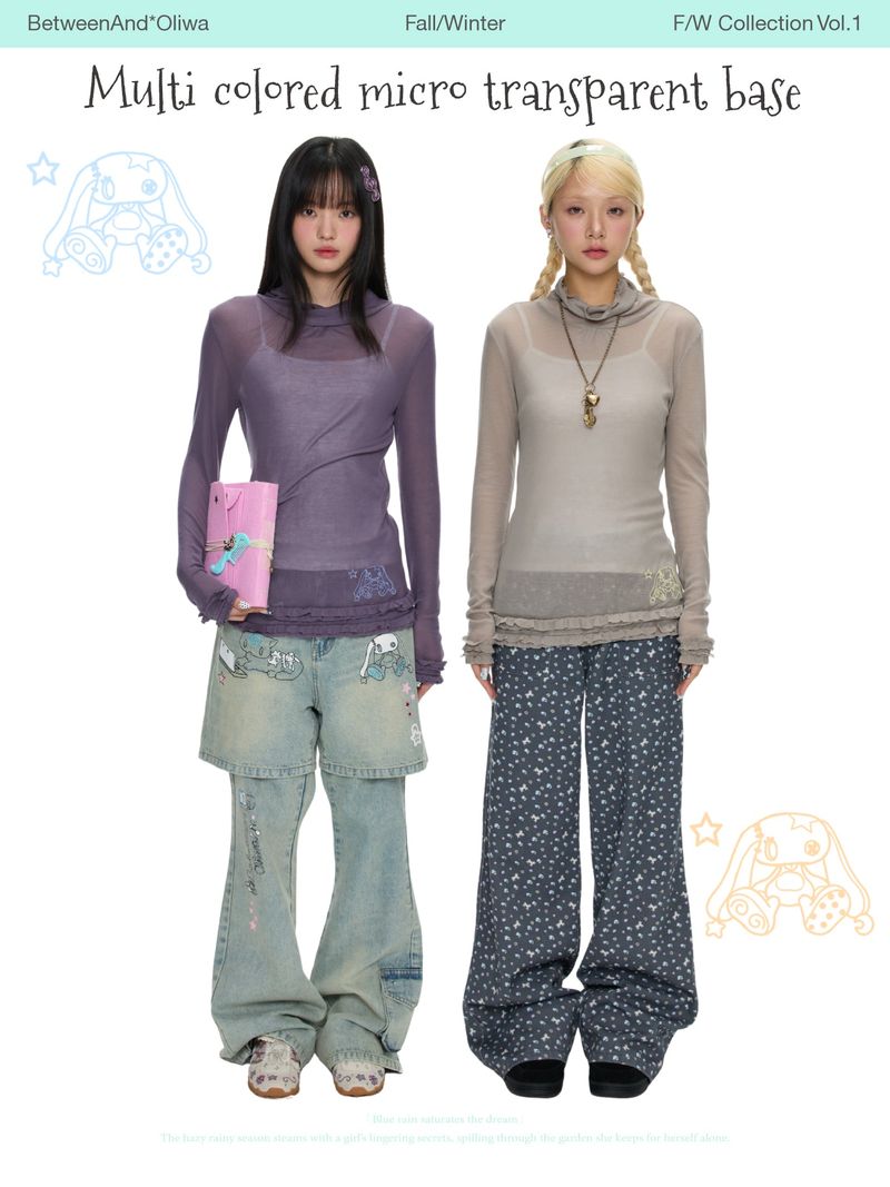 BETWEENAND Thin layered top in multiple colors with a small high collar, rolled edges, and a semi-transparent texture – ideal for wearing in autumn