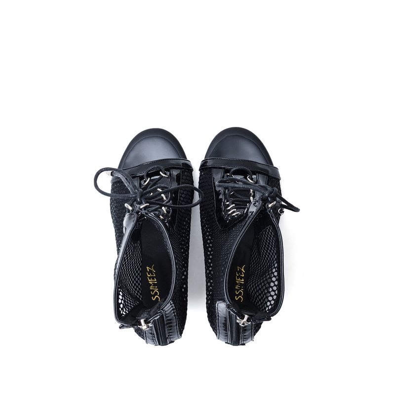 Mesh Lace-Up Open Toe Heel(Black)