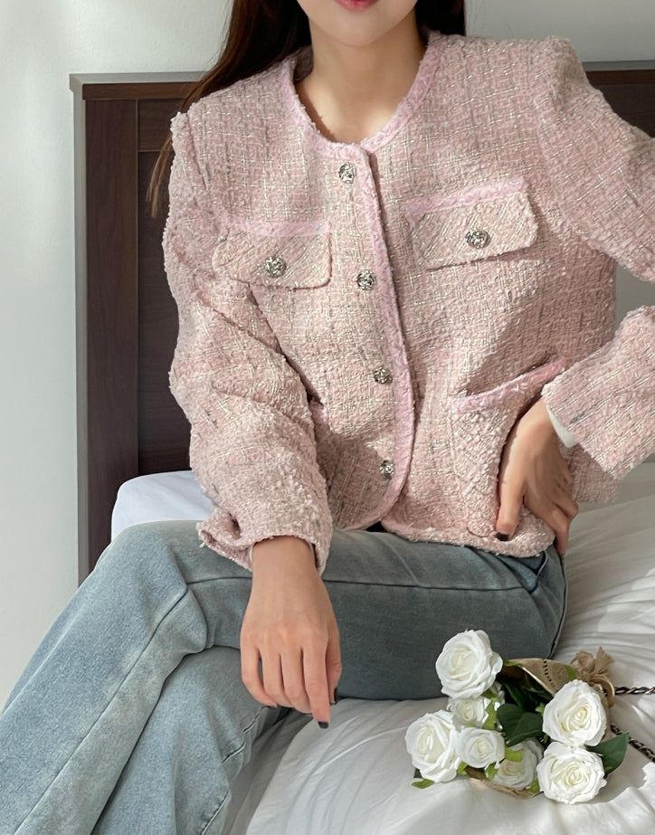 Lock color matching round pearl tweed jacket