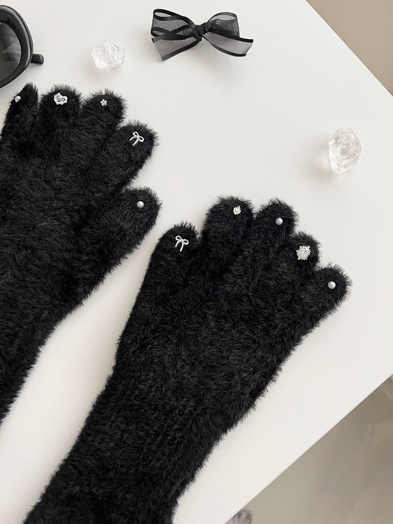 RGO Ballet Core Ribbon Jewelry Year-end Look Hip Cubic Long Heating Fleece-Lined Fur Mink Black White Brown Beige Gloves (Select 3 Colors)