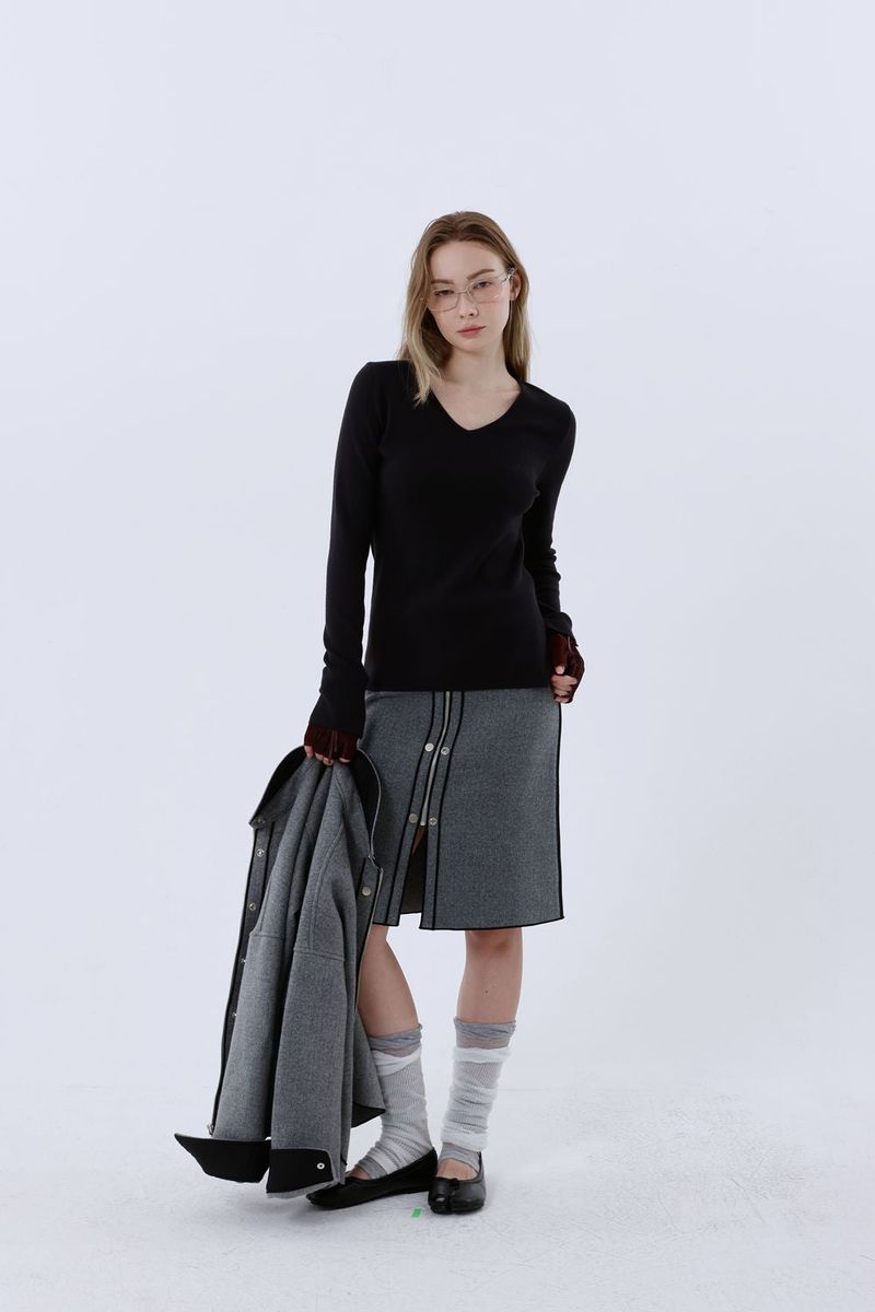 WOOL BLEND MIDI SKIRT_MELANGE GREY