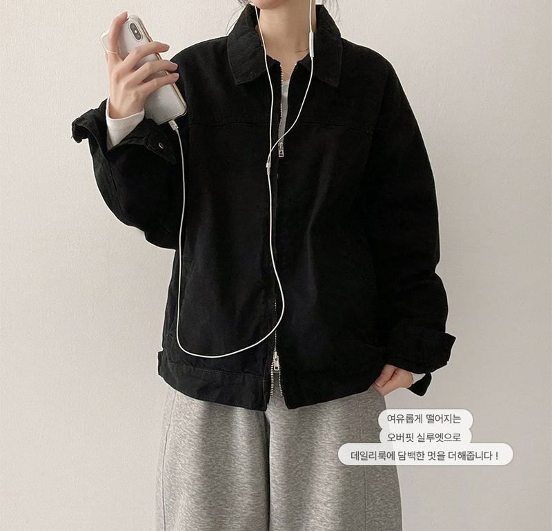 Rentto Basic Collar Zipper Loose Fit Cotton Jacket