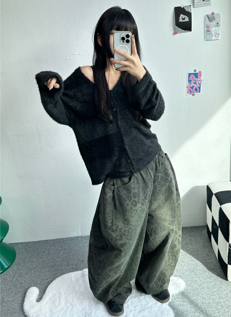 HIDDEN POCKET LEOPARD SPOT BALLOON DENIM🤎💚 - 2 COLORS