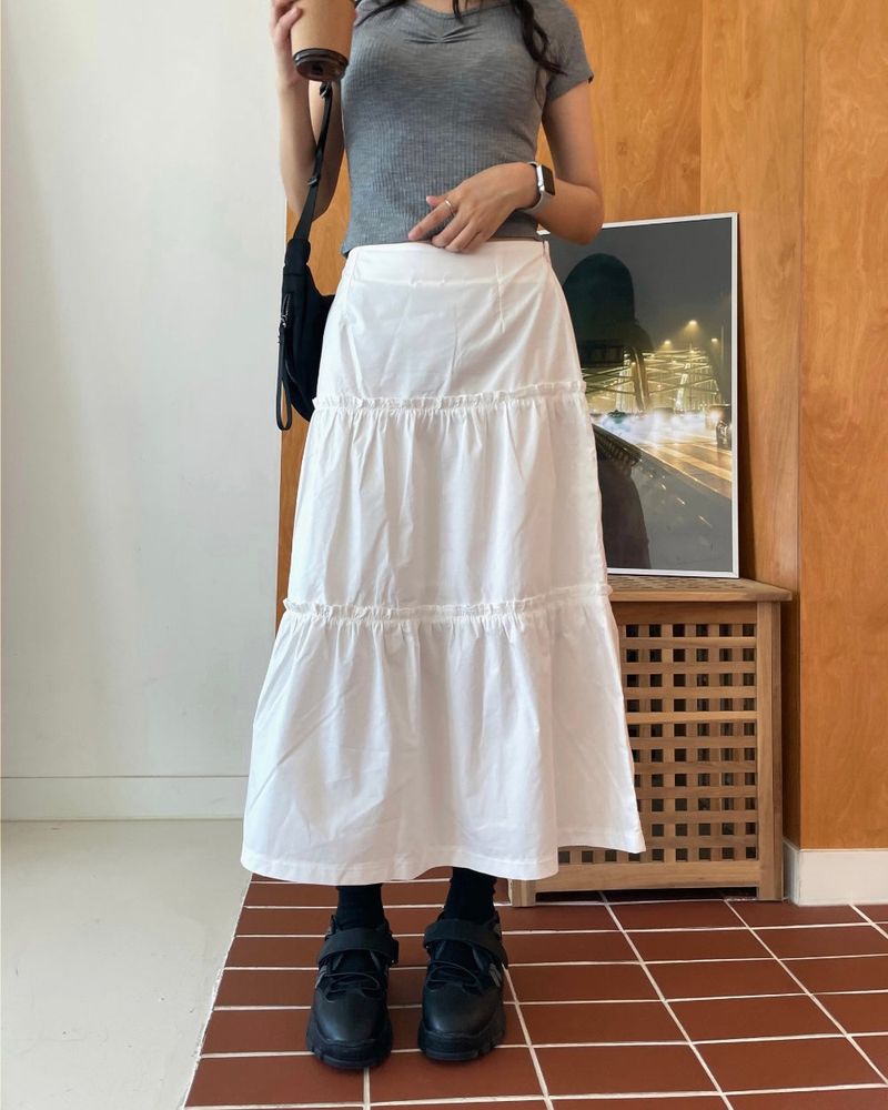 Pudie A-line Cotton Shirring Long Skirt 3C
